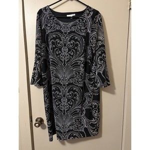 STUDIO ONE NEW YORK Size XL Sheath Dress Black White Paisley 3/4 sleeve